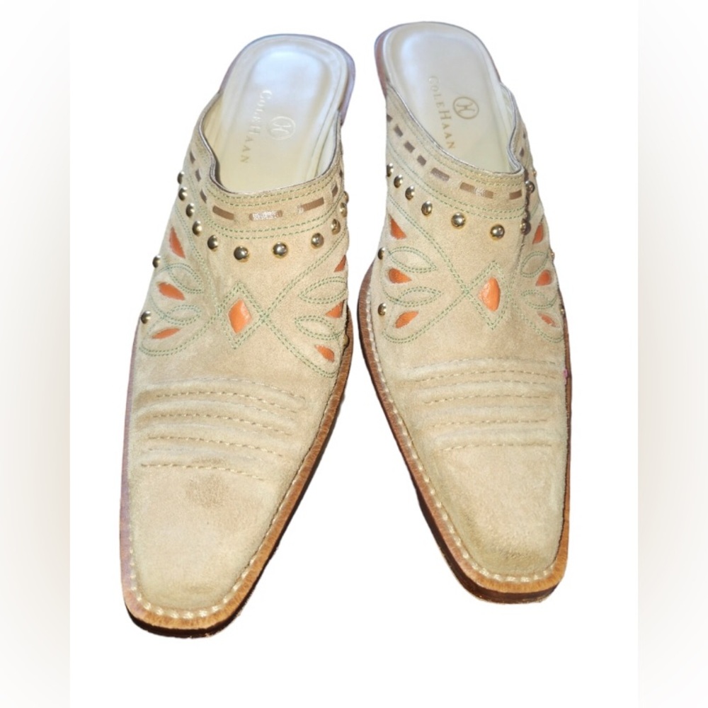 Cole Haan “Morgan” Suede Sandstone Studded Butterfly Laser Cut Western Mules &🎁 - Picture 2 of 8